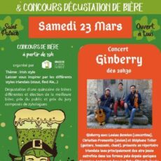 Sam 23/03 Soirée irlandaise avec un concert Ginberry et un concours de bières